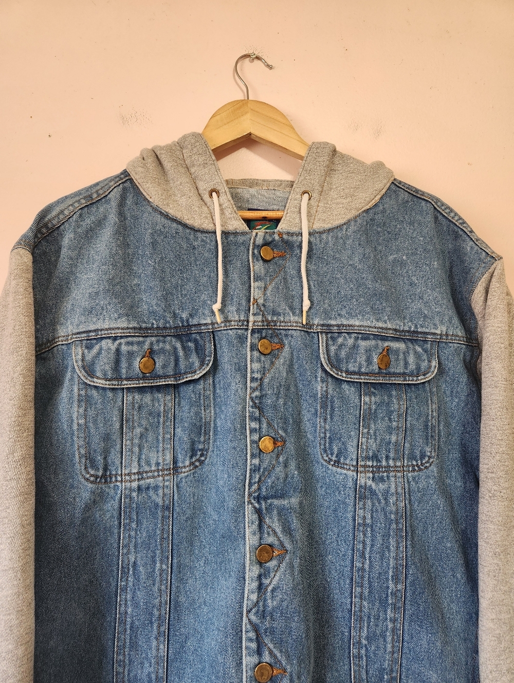 Rare Vintage 90s Fine Line Denim Trucker Jacket Fleece Hoodie and Sleeves Sz XL - Picture 4 of 12